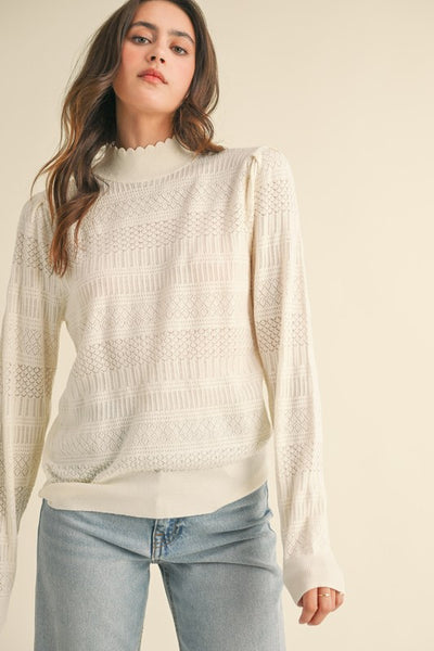 LIGHTWEIGHT POINTELLE KNIT MOCK NECK SWEATER