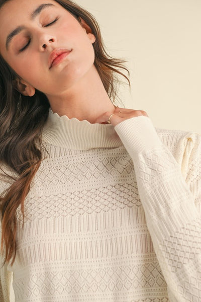 LIGHTWEIGHT POINTELLE KNIT MOCK NECK SWEATER