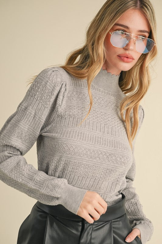 LIGHTWEIGHT POINTELLE KNIT MOCK NECK SWEATER