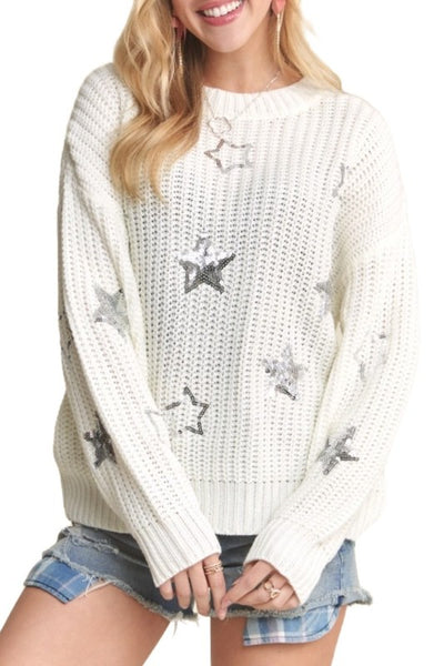 FESTIVE SILVER SEQUIN STAR PATCHED SWEATER