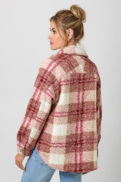 SOFT PLAID BOUCLE KNIT BUTTON DOWN SHACKET