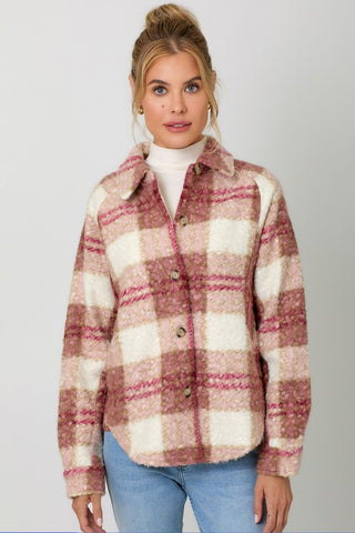 SOFT PLAID BOUCLE KNIT BUTTON DOWN SHACKET