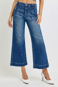 HIGH RISE ANKLE WIDE LEG PATCH FRONT POCKET JEANS