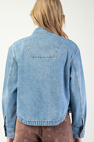 CURVED HEM WASHED MED DENIM JACKET