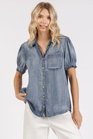 WASHED CHAMBRAY PUFF SLEEVE BUTTON FRONT SHIRT