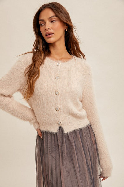 SOFT EYELASH YARN BUTTON FRONT CROP CARDIGAN