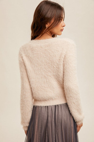 SOFT EYELASH YARN BUTTON FRONT CROP CARDIGAN