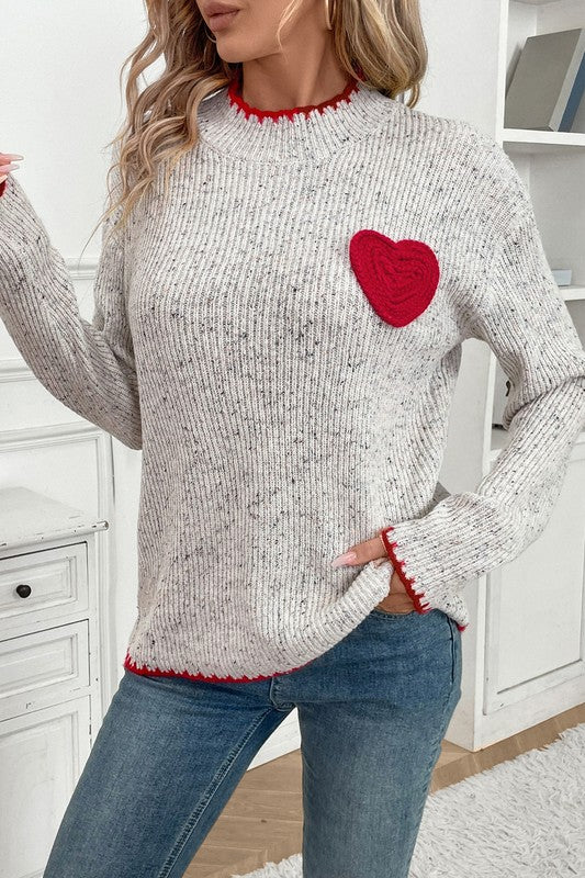 CUTE HEART PATCH SWEATER W/BLANKET STITCH DETAIL