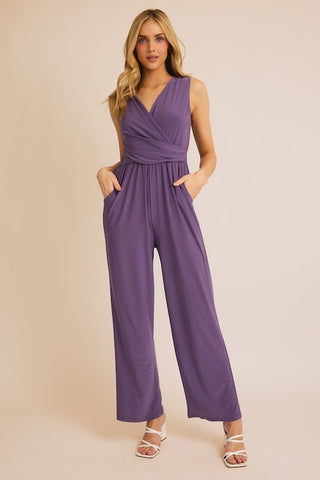 V NECK SLEEVELES SHRRING DETAIL POCKET WIDE LEG JUMPSUIT