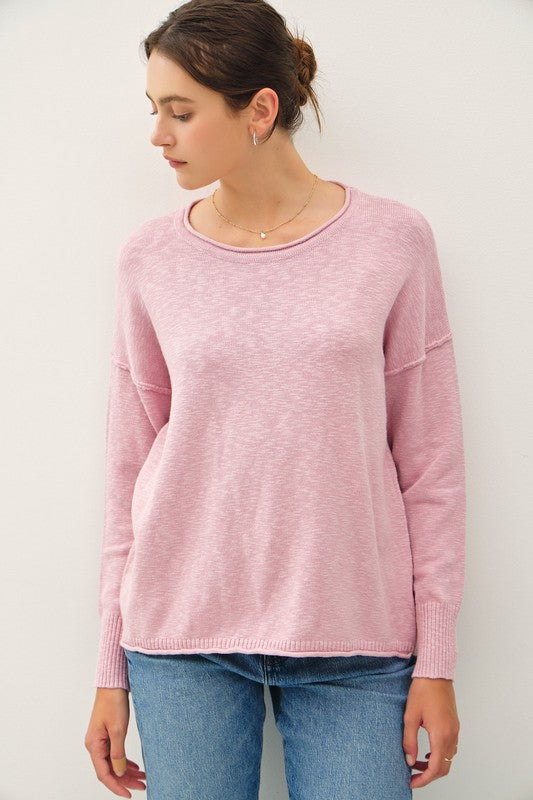 DROP SHOULDER SLUB PULLOVER SWEATER