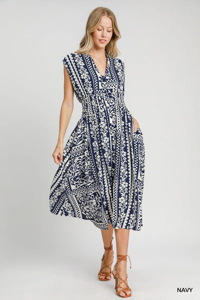 CUTE MIXED PRINT SMOCKED WAIST SLEEVELESS MIDI DRESS