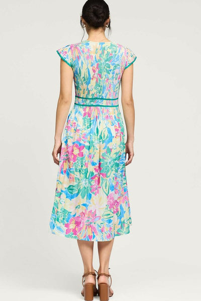 FLORAL PRINT V-NECK CAP SLEEVE PLEATED MIDI DRESS