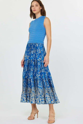 SLEEVELESS MAXI DRESS W/SWEATER TOP AND FLORAL PRINTED TIERED SKIRT