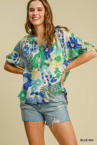 FLORAL PRINT BUTTON FRONT WOVEN SS BLOUSE