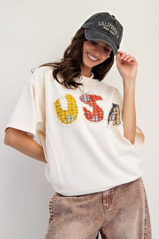 USA PATCH FRONT SOFT WASHED TERRY KNIT TOP