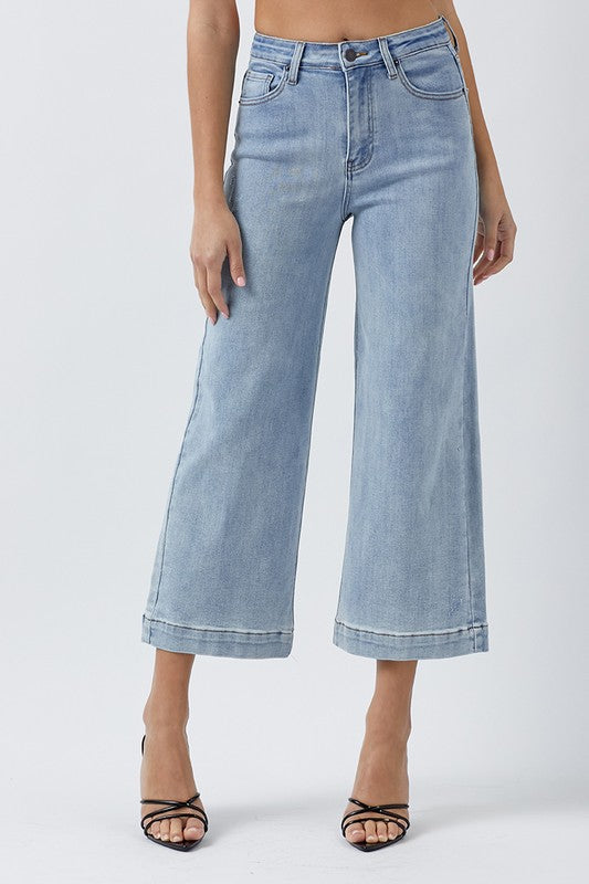 HIGH RISE LT WASH WIDE LEG ANKLE DENIM