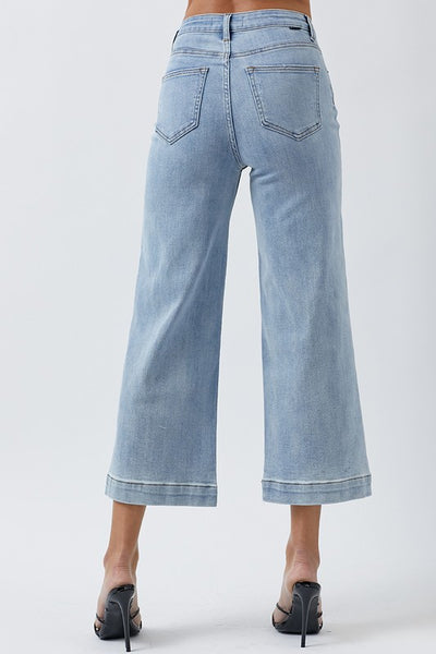 HIGH RISE LT WASH WIDE LEG ANKLE DENIM