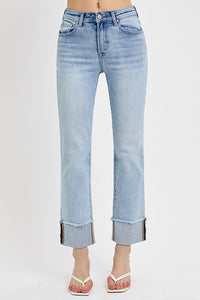 HIGH RISE LT WASH STRAIGHT CUFFED RELAXED JEANS