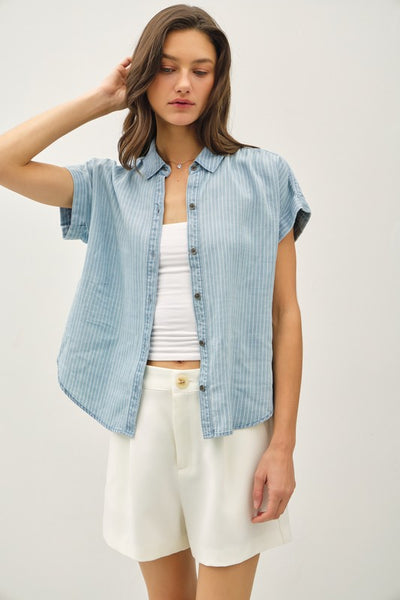 EASY BREEZY CHARM TENCEL BUTTON UP TOP WITH ROLLED SLEEVES