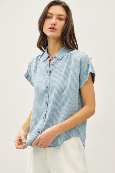 EASY BREEZY CHARM TENCEL BUTTON UP TOP WITH ROLLED SLEEVES