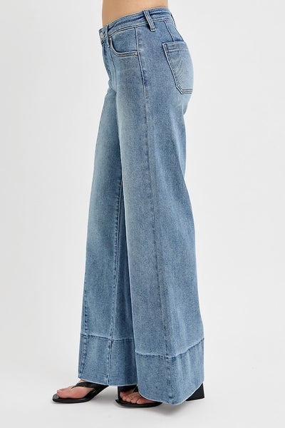 RISEN TUMMY CONTROL MID RISE ANKLE WIDE FLARE JEANS