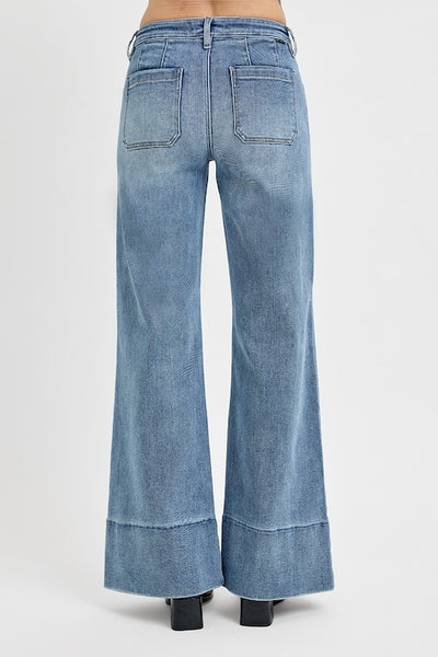 RISEN TUMMY CONTROL MID RISE ANKLE WIDE FLARE JEANS