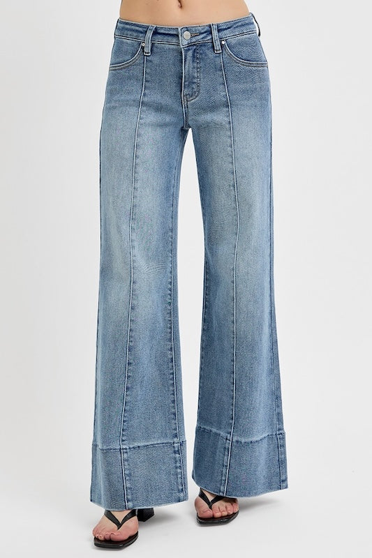 RISEN TUMMY CONTROL MID RISE ANKLE WIDE FLARE JEANS