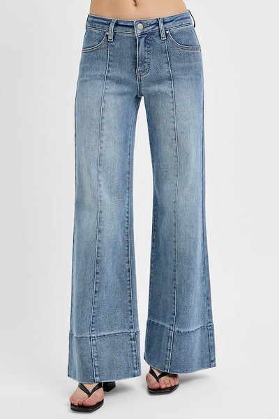 RISEN TUMMY CONTROL MID RISE ANKLE WIDE FLARE JEANS