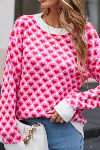 CUTE REPEAT PATTERN HEART PRINT KNIT SWEATER