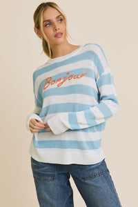 CUTE  'BONJOUR' GRAPHIC STRIPE SWEATER