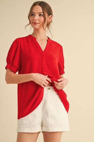 SWEET SOLID CRINKLED V NECK PUFF SLEEVE TOP