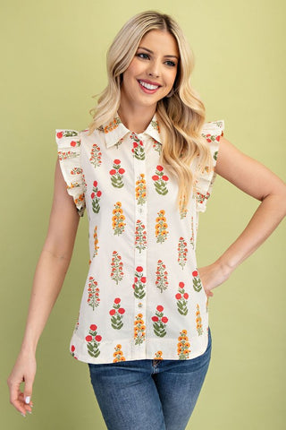 SWEET FLORAL SLEEVELESS BUTTON FRONT SHIRT