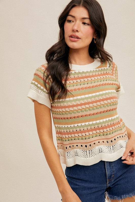 MULTI STRIPED TEXTURED SS KNIT SWEATER TOP