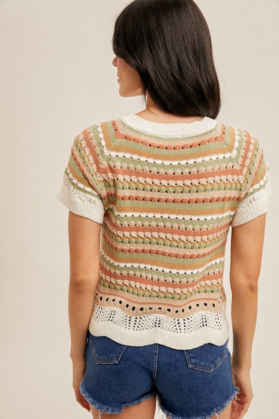 MULTI STRIPED TEXTURED SS KNIT SWEATER TOP