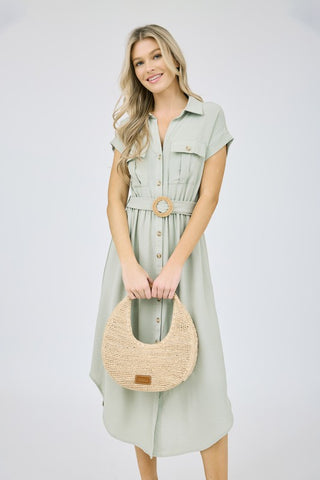 SOLID WOVEN COLLARED BELTED WAIST SS MIDI DRESS
