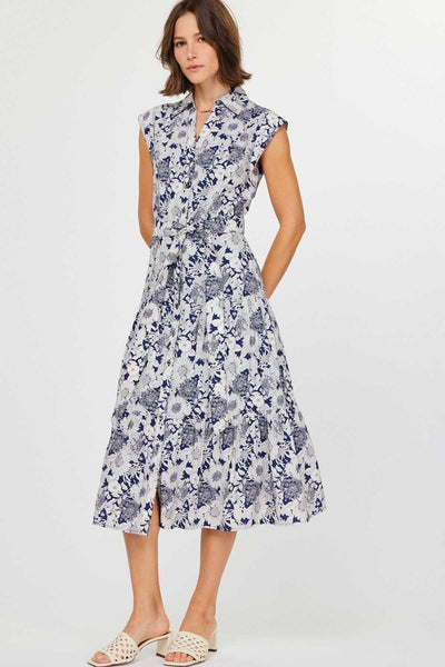 FLORAL PRINTED BUTTON DOWN WAIST TIE MIDI DRESS