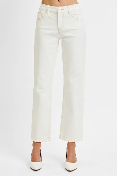 Tummy Control Mid Rise Ankle Straight Jeans in cream - front view showing mid rise fit, straight leg silhouette, and ankle-grazing length.