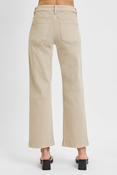 Risen Tummy Control Mid Rise Ankle Straight Jeans in khaki/sand, back view, showing dual back pockets, cuffed hem, and clean wide-leg fit, worn with black block heel sandals