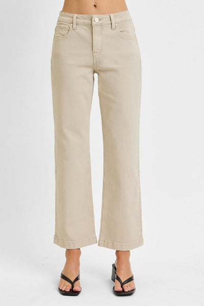 Risen Tummy Control Mid Rise Ankle Straight Jeans in khaki/sand, front view, featuring wide-leg silhouette, cuffed hem, and five-pocket styling, worn with black block heel sandals.