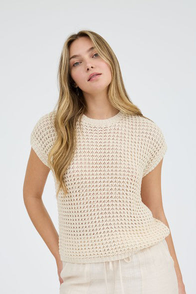 SOLID CROCHET BATWING SS KNIT SWEATER TOP