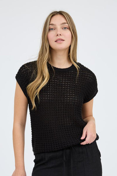 SOLID CROCHET BATWING SS KNIT SWEATER TOP