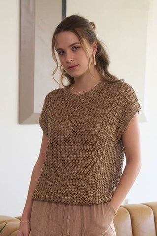 SOLID CROCHET BATWING SS KNIT SWEATER TOP