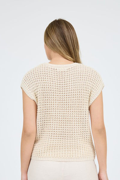 SOLID CROCHET BATWING SS KNIT SWEATER TOP