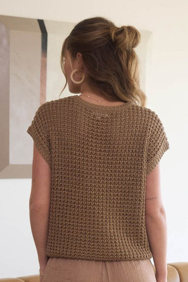 SOLID CROCHET BATWING SS KNIT SWEATER TOP