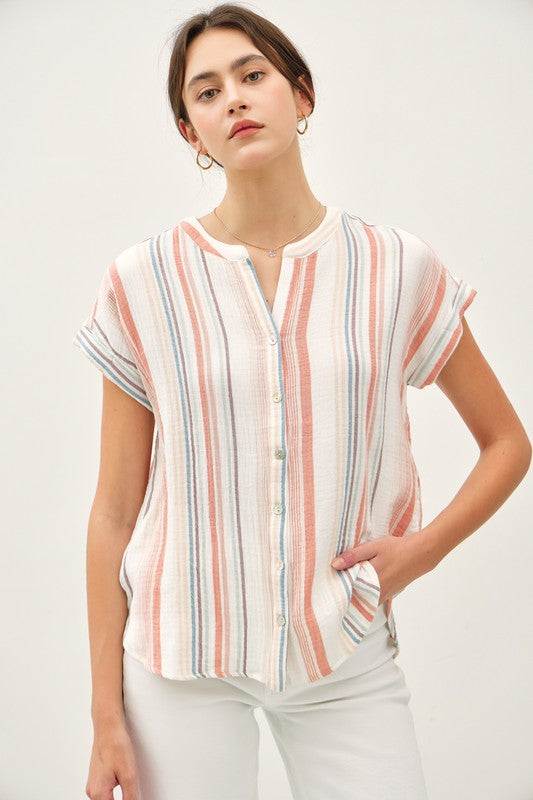 MULTI STRIPE COTTON GAUZE BUTTON FRONT TOP