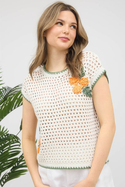 EMBROIDERED FLORAL APPLIQUE CROCHET KNIT SS SWEATER TOP