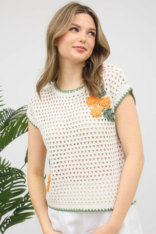 EMBROIDERED FLORAL APPLIQUE CROCHET KNIT SS SWEATER TOP