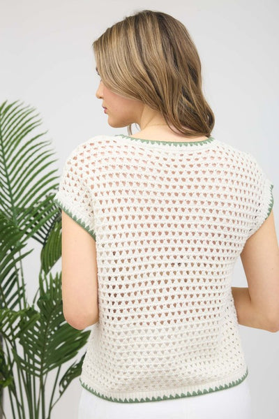 EMBROIDERED FLORAL APPLIQUE CROCHET KNIT SS SWEATER TOP