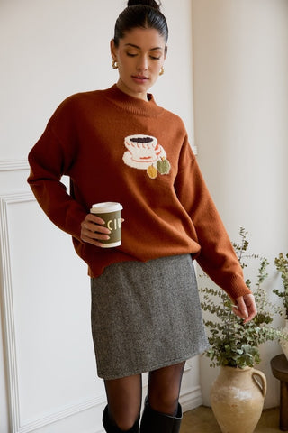 FALL ESSENTIAL MOCK NECK COFFEE GRAPHIC SWEATER