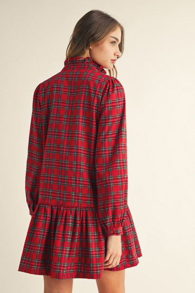 HOLIDAY READY RED PLAID RUFFLE HEM DRESS WITH POCKETS